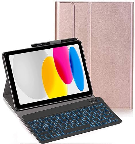 YHFZR Tastatur Hülle for iPad 10. Generation 10,9 Zoll 2022, [Deutsches QWERTZ] Slim Hülle mit 7 Farben Beleuchtung Kabellose Tastatur mit Schützhülle für iPad 10. Generation 10,9 Zoll 2022, Roségold von YHFZR