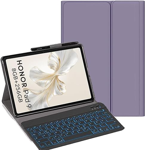 YHFZR Tastatur Hülle für Honor Pad 9 Tablet, [QWERTY Layout] Slim Hülle mit 7 Farben Beleuchtung Kabellose Tastatur mit Schützhülle für Honor Pad 9 Tablet 12,1 Zoll, Lila von YHFZR