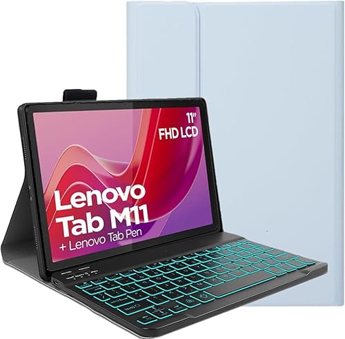 YHFZR Tastatur Hülle für Lenovo Tab M11, [Deutsches QWERTZ] Ultraslim Hülle mit 7 Farben Beleuchtung Kabellose Tastatur mit Schützhülle für Lenovo Tab M11 TB330FC 11 Zoll, Blau von YHFZR