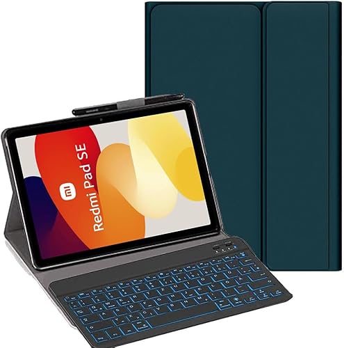 YHFZR Tastatur Hülle für Redmi Pad SE, [QWERTY Layout] Ultraslim Hülle mit 7 Farben Beleuchtung Kabellose Tastatur mit Schützhülle für Xiaomi Redmi Pad SE 11 Zoll, Grün von YHFZR