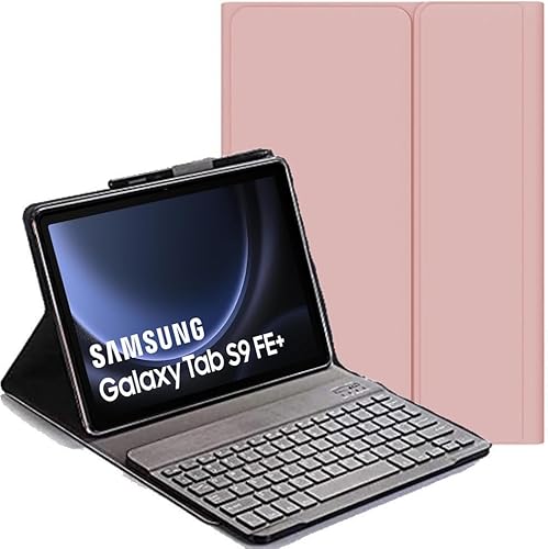 YHFZR Tastatur Hülle für Samsung Tab S9 FE+ 12,4", (QWERTY Layout) Flip Entfernbar Drahtloser Keyboardständer Ledertasche für Samsung Galaxy Tab S9 FE+ 12,4" SM-X610/X616B, Rosa von YHFZR