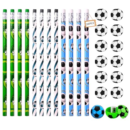 YHUIKXIN 36 Stück Fußball Bleistifte mit 12 Fußball Radiergummi 2 Fussball Bleistiftspitzer für Schule Schreibwaren Jungen Geburtstag Fussball Geschenke von YHUIKXIN