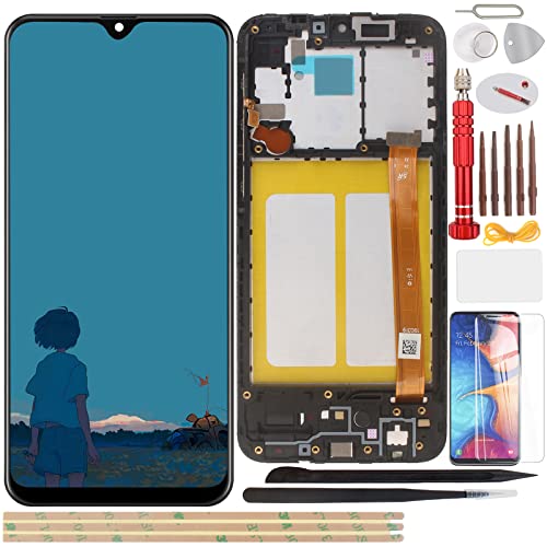 YHX-OU 13,7 cm (5,8 Zoll) LCD-Digitizer für Samsung Galaxy A20E SM-A202F LCD-Display, Touchscreen-Ersatz, mit Installationswerkzeug, 1 Stück gehärtetes Glas + 1 SIM-Karte (Schwarz + Rahmen) von YHX-OU