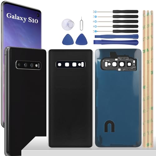 YHX-OU 6.1'' Akkudeckel für Samsung Galaxy S10 SM-G973F SM-G973U SM-G973W SM-G973U1 SM-G973N Rückseite Glas Backcover Back Glas Ersatz Reparatur Set mit Kameraobjektiv + Werkzeug(Schwarz) von YHX-OU