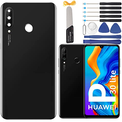 YHX-OU 6.15'' Akkudeckel für Huawei P30 Lite Nova 4E Rückseite Glas Backcover Back Glas Ersatz Reparatur Set mit Kameraobjektiv + Werkzeug (Schwarz) von YHX-OU