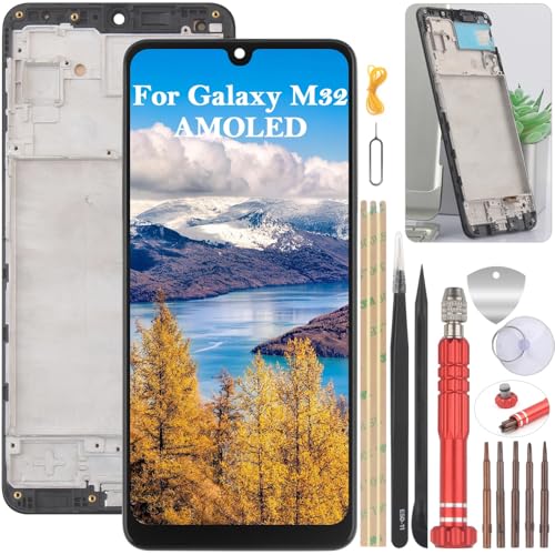 YHX-OU 6.4" Schwarz+Rehmen AMOLED Display Für Samsung Galaxy M32 4G SM-M325F/DS SM-M325F ​LCD Display Touchscreen Ersatz Bildschirm Glas Assembly mit Werkzeug von YHX-OU