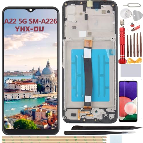 YHX-OU 6.6" Schwarz+Rahmen Display für Samsung Galaxy A22 5G SM-A226B SM-A226B/DS LCD Display Touchscreen Ersatz Bildschirm mit Werkzeug+ 1 Stück A22 5G Schutzfolie von YHX-OU