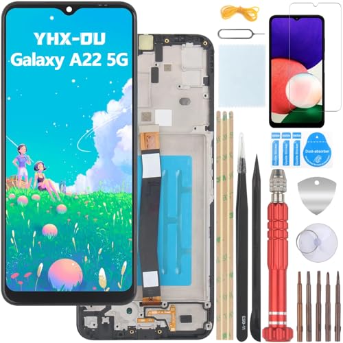 YHX-OU 6.6" Schwarz + Rahmen Display für Samsung Galaxy A22 5G SM-A226B SM-A226B/DS LCD Display Touchscreen Ersatz Bildschirm Glas Assembly mit Werkzeug + 1 Stück Schutzfolie von YHX-OU