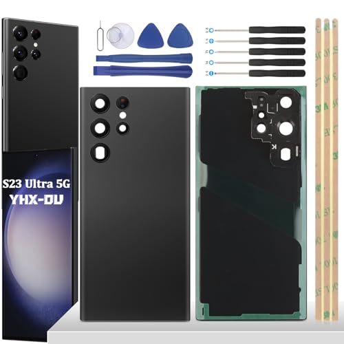 YHX-OU 6.8'' Schwarz Akkudeckel für Samsung Galaxy S23 Ultra 5G SM-S918B SM-S918U Rückseite Glas Backcover Back Glas Ersatz Reparatur Set mit Kameraobjektiv + Werkzeug von YHX-OU