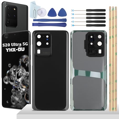 YHX-OU 6.9'' Schwarz Akkudeckel für Samsung Galaxy S20 Ultra 5G SM-G988B SM-G988U Rückseite Glas Backcover Back Glas Ersatz Reparatur Set mit Kameraobjektiv + Werkzeug von YHX-OU