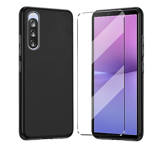 [2-in-1] Schutzhülle kompatibel mit Sony XPeria 10 V, mit 1 Packung Displayschutzfolie aus gehärtetem Glas für Sony XPeria 10 V, schmale Passform, weiches TPU, stoßfest, kratzfest, Schwarz von YHYM
