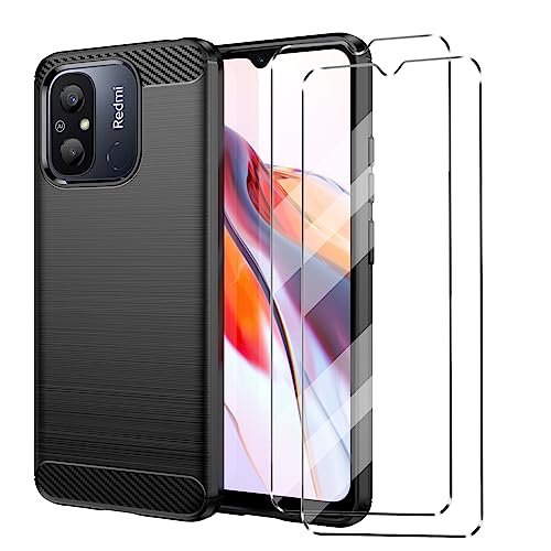 [3-in-1] Schutzhülle kompatibel mit Redmi 12C Hülle mit 2 Stück gehärtetem Glas Displayschutzfolie für Redmi 12C, schlanke Passform, weiches TPU, stoßfest, kratzfest, Schwarz von YHYM