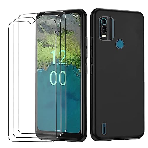 [4 in 1] Hülle Kompatibel mit Nokia C21 Plus Hülle mit 3 Stück Panzerglas Schutzfolie für Nokia C21 Plus, Slim Fit Soft TPU Stoßfest Anti-Kratzer Handyhülle Cover - Schwarz von YHYM