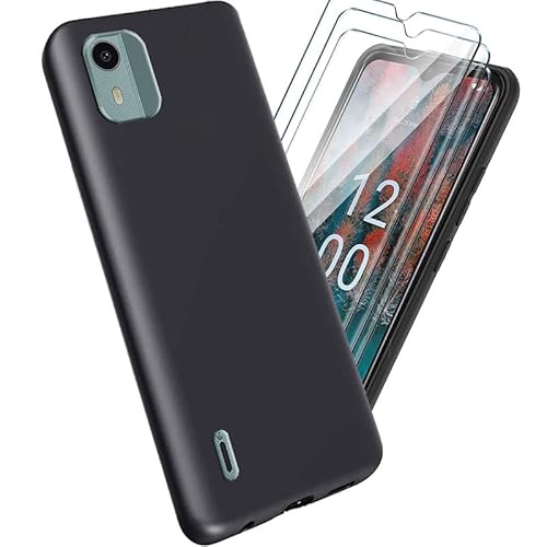 Tasche für Nokia C12 Hülle (6.3 Zoll) + 3Pcs Glas für Nokia C12 Schutzfolie - Schwarz Schutzhülle TPU Handytasche Displayglas-Black von YHYM