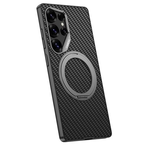 Lederhülle für Samsung Galaxy S25 Ultra, Karbonfaser-Textur, magnetische Autohalterung, verstecktes Metall, drehbarer Ständer, schlanke Hülle, Schwarz, S25 Ultra von YHZXT