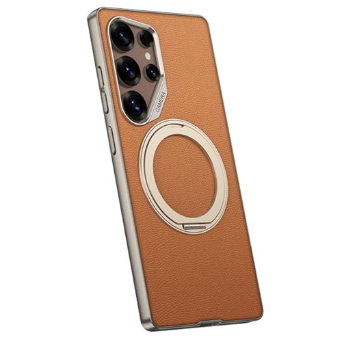 Lederhülle für Samsung Galaxy S25 Ultra, magnetische Autohalterung, Ringhalter, Ständer, Schutz, schlanke, stoßfeste Hülle, Orange, S25 Ultra von YHZXT