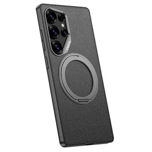 Lederhülle für Samsung Galaxy S25 Ultra, magnetische Autohalterung, Ringhalter, Ständer, Schutz, schlanke, stoßfeste Hülle, Schwarz, S25 Ultra von YHZXT