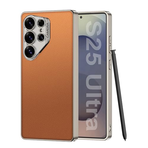 Lederhülle für Samsung Galaxy S25 Ultra, schlank, dünn, vollständiger Objektivschutz, stoßfeste Abdeckung mit kapazitivem Stift, Business-Shell, Orange, S25 Ultra von YHZXT