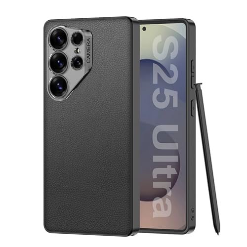Lederhülle für Samsung Galaxy S25 Ultra, schlank, dünn, vollständiger Objektivschutz, stoßfeste Abdeckung mit kapazitivem Stift, Business-Shell, Schwarz, S25 Ultra von YHZXT