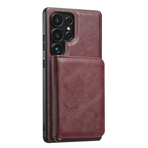 Magnetische Schutzhülle für Samsung Galaxy S25, Reißverschluss, Kartenfach, abnehmbare Brieftasche, Lederhülle, stoßfest, Business-Hülle, Rot, S25 von YHZXT