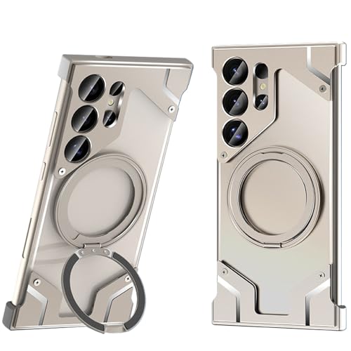 Metal Frameless Case for Samsung Galaxy S25 Ultra, Transparent Back Metal Frame Shockproof Case with 360° Rotating Stand, Compatible with MagSafe,Black (Natur) von YHZXT