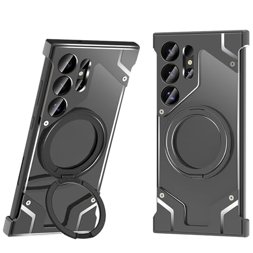 Metallrahmenlose Hülle für Samsung Galaxy S25 Ultra, transparente Rückseite, Metallrahmen, stoßfeste Hülle mit 360° drehbarem Ständer, kompatibel mit MagSafe,Schwarz (Schwarz) von YHZXT