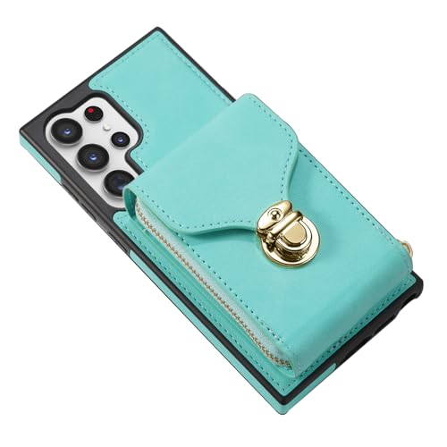 Samsung Galaxy S25 Ultra Crossbody Hülle, Multifunktionale Ledertasche mit Reißverschluss Hohe Kapazität Handyhülle mit Standfunktion (S25 Ultra, Grün) von YHZXT