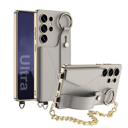 Schutzhülle für Samsung Galaxy S25 Ultra, Handschlaufe, Leder mit Kartenschlitz, Ständer, Kameraschutz, luxuriöse Beschichtung, Handschlaufe, Grau, S25 Ultra von YHZXT