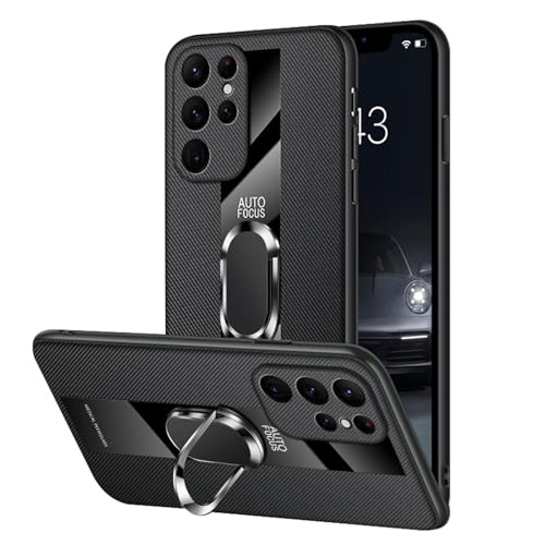 Ultradünne Schutzhülle für Samsung Galaxy S25 Plus, stoßfeste Kamera-Schutzhülle, mattiertes Leder, Karbonfaser-Textur, mit Ringständer, Schwarz, S25plus von YHZXT