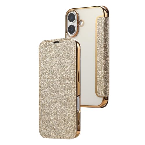 YHZXT Brieftaschen-Schutzhülle für iPhone 16 Plus, Glitzer-Schutzhülle für Damen, Klappkartenschlitz, transparent, Leder, goldfarben, 16 Plus YHZXT Brieftaschen-Schutzhülle für iPhone 16 Plus, Glitzer-Schutzhülle für Damen, Klappkartenschlitz, transparent, Leder, goldfarben, 16 Plus von YHZXT