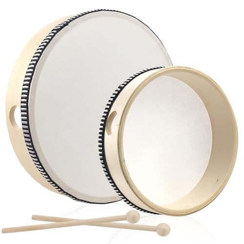 Tambourin Tamburin 2 Stück (6 Zoll & 8 Zoll) Trommel Holz Handtrommel Kindertrommel Trommeln Handtrommeln mit Schlägel für Kinder Party Schule und Frühpädagogisches von YICH