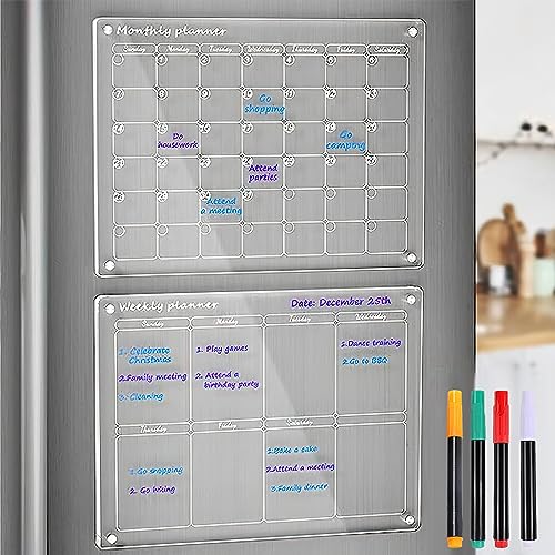 Wochenplaner Abwischbar Kühlschrank Magnetisch Monatsplaner: YIDM 2 Stück Acrylic Kühlschrankkalender Magnetisch mit 4 Markerstiften, Mealplanner Familienplaner Whiteboard Kalender für Büro Zuhause von YIDM