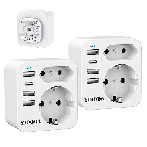 YIDODA Reiseadapter UK Adapter England Deutschland Stecker mit 4 USB 3.4A, England Adapter Steckdose,Steckdosenadapter Reisestecker Stromadapter für Irland Großbritannien Wand Ladegerät-2 Pack von YIDODA