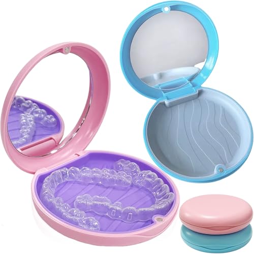 Zahnspangendose,2 Stück Zahnprothesen Box Mit Spiegel Spangendose Dose Tragbarer Zahnschiene Box Dentalbehälter für Die Aufbewahrung Von Zahnspangen und Zahnersatz（Blau und Pink） von YIFLorine TANG