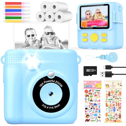 KinderKamera DigitalKamera Print Sofortbildkamera 1080P Videokamera Schwarzweiß Fotokamera (Blau) von YIKANWEN