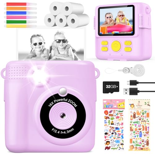 KinderKamera DigitalKamera Print Sofortbildkamera 1080P Videokamera Schwarzweiß Fotokamera (Lila) von YIKANWEN