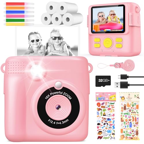 KinderKamera DigitalKamera Print Sofortbildkamera 1080P Videokamera Schwarzweiß Fotokamera (Rosa)… von YIKANWEN