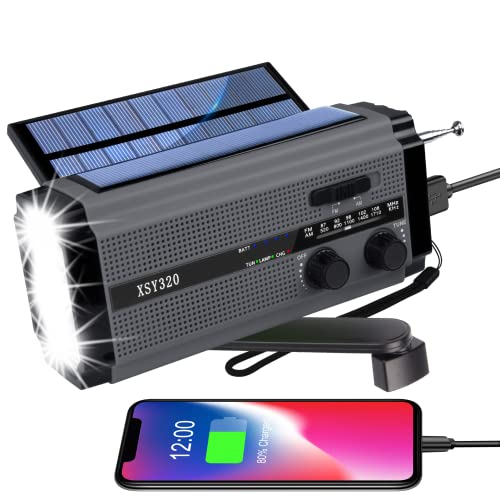 YIKANWEN Tragbare Solar Radio,AM/FM Kurbelradio mit Wiederaufladbare 5000mAh Batterie Powerbank, LED Taschenlampe & Leseleuchte SOS Alarm für Camping Ourdoor（Grau） von YIKANWEN