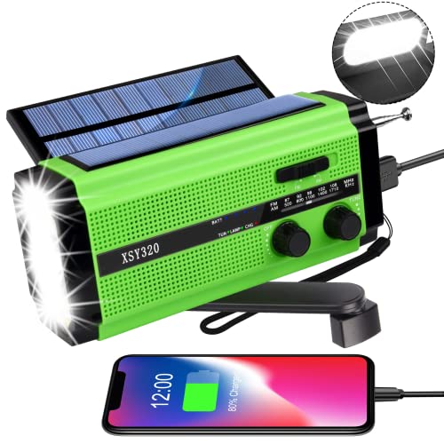 YIKANWEN Tragbare Solar Radio,AM/FM Kurbelradio mit Wiederaufladbare 5000mAh Batterie Powerbank, LED Taschenlampe & Leseleuchte SOS Alarm für Camping Ourdoor (Grün) von YIKANWEN