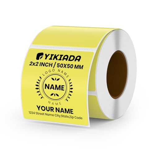 YIKIADA Gelb Thermoetikett Vinyl 50 × 50 mm Rolle Quadratisch Selbstklebend Umzugsaufkleber Wasserdicht Beschriften Name Aufkleber für Büro QR Code LOGO 500 Stück von YIKIADA