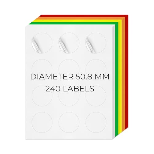 YIKIADA 5 Farben Universal Etiketten 50,8 MM Vinyl Selbstklebend Ablösbar Rund Aufkleber Bedruckbar Klebeetiketten Blanko Adressetiketten für Tintenstrahl- und Laserdruckern 240 Stück von YIKIADA