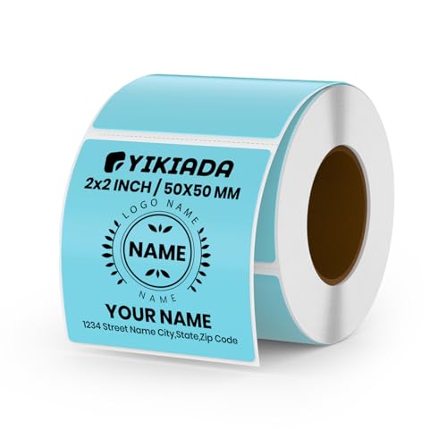 YIKIADA Blau Thermoetikett Vinyl 50 × 50 mm Rolle Quadratisch Selbstklebend Umzugsaufkleber Wasserdicht Beschriften Name Aufkleber für Büro QR Code LOGO 500 Stück von YIKIADA