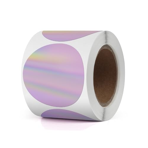 YIKIADA Holographic Runde Thermoetiketten Vinyl 50 mm Violett Rolle Selbstklebend Punktaufkleber Wasserdicht Glitter Aufkleber für Logo Barcode QR Code Office Home 200 Stück von YIKIADA