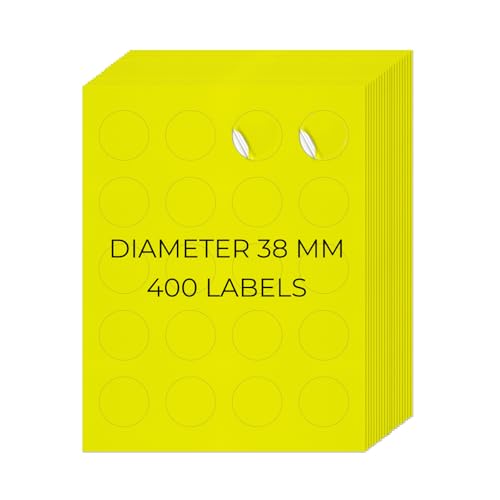 YIKIADA Neon Gelb Universal Etiketten 38 MM Vinyl Selbstklebend Ablösbar Rund Aufkleber Bedruckbar Klebeetiketten Blanko Adressetiketten für Tintenstrahl- und Laserdruckern 400 Stück von YIKIADA