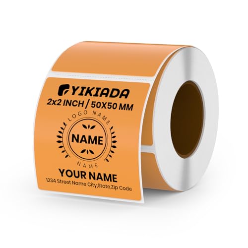 YIKIADA Orange Thermoetikett Vinyl 50 × 50 mm Rolle Quadratisch Selbstklebend Umzugsaufkleber Wasserdicht Beschriften Name Aufkleber für Büro QR Code LOGO 500 Stück von YIKIADA