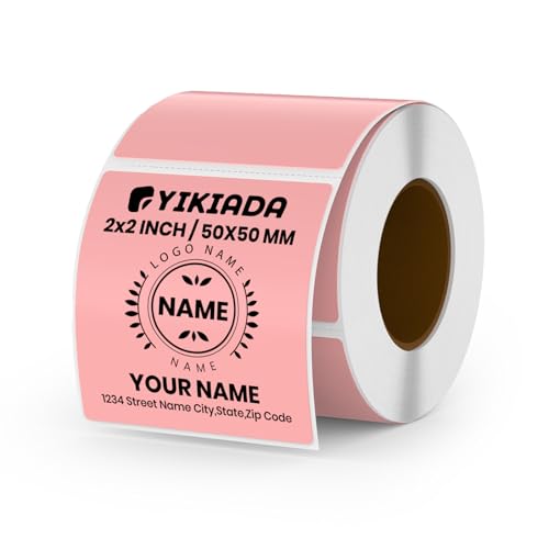 YIKIADA Rosa Thermoetikett Vinyl 50 × 50 mm Rolle Quadratisch Selbstklebend Umzugsaufkleber Wasserdicht Beschriften Name Aufkleber für Büro QR Code LOGO 500 Stück von YIKIADA