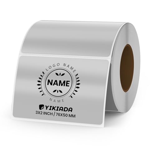 YIKIADA Silver Thermo Etiketten Vinyl 50 × 76 mm Rolle Rechteckig Selbstklebend Adressaufkleber Wasserdicht Glitter Aufkleber für Logo Barcode QR Code Kinder Office Home 200 Stück von YIKIADA