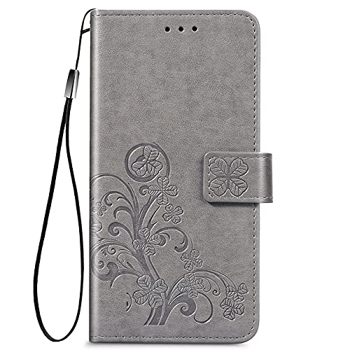 YIKLA Hülle für Samsung Galaxy M32, PU/TPU Leder Flip Folio Tasche Handyhülle, mit [Kartenfach] [Magnetverschluss] Standfunktion Brieftasche Handy Cover - Grau von YIKLA