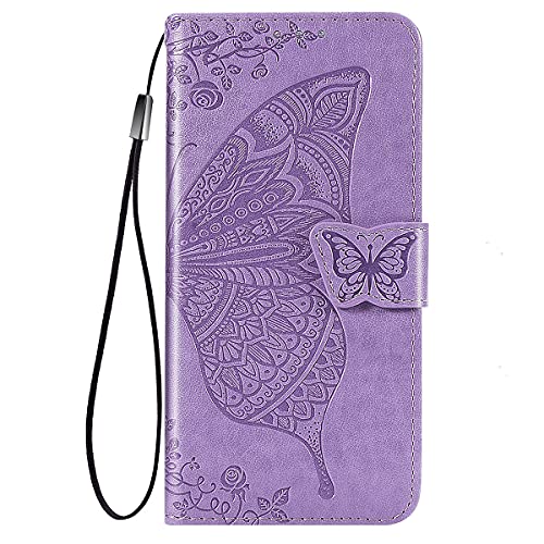 YIKLA Hülle für Xiaomi Redmi Note 8 2021, Schmetterling PU/TPU Leder Flip Folio Tasche Handyhülle, mit [Kartenfach] [Magnetverschluss] Standfunktion Brieftasche Handy Cover, Helles Lila von YIKLA