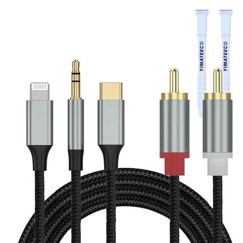 Lightning/USB Typ C/3.5mm auf 2 Cinch Aux Kabel, 2 RCA Cinch Kabel Stereo RCA Audiokabel für Hi-Fi Verstärker Lautsprecher Kompatibel mit iPhone IOS/Huawei/Samsung Galaxy (1.3M, 3-In-1 Audiokabel) von YIMATEECO